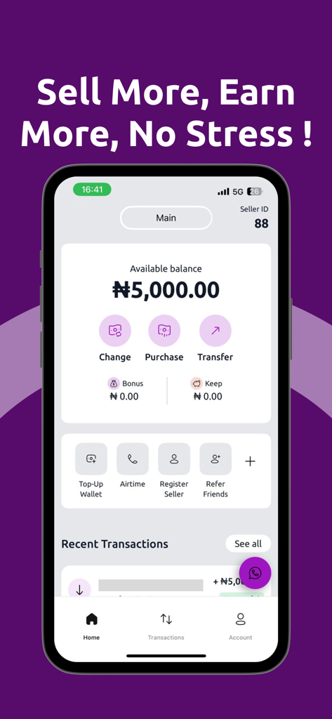 FaceCard app seller dashboard showing available balance and transaction options