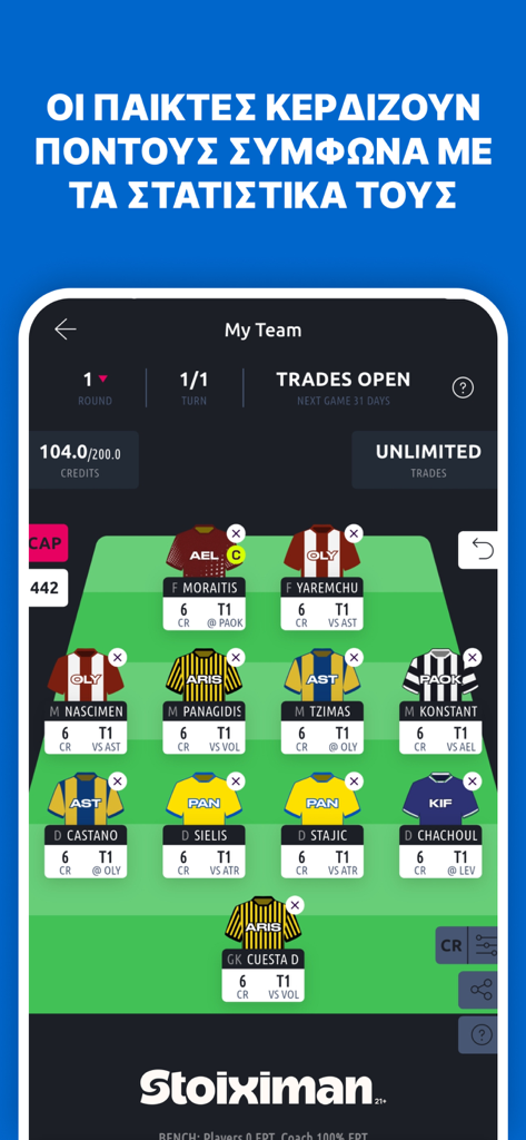 Stoiximan Slgr Fantasy app interface showing a managed soccer team lineup with Greek Super League players