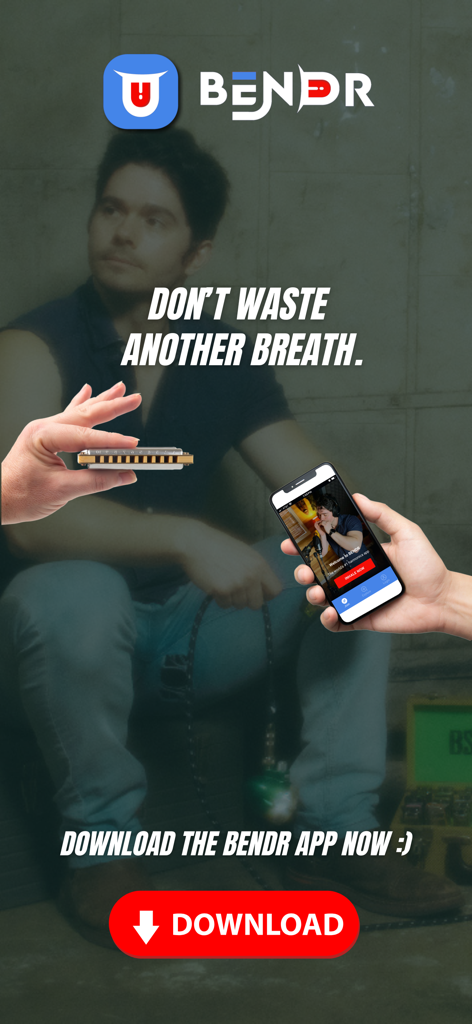 Brynland - Promotionbild für die Mundharmonika-Lern-App BENDR mit dem Musiker Bryn Scott-Grimes