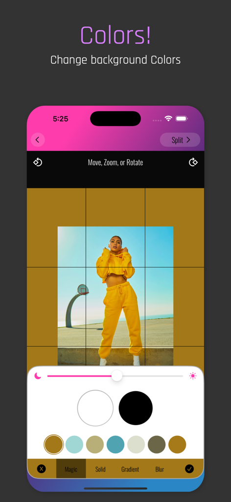 Interface utilisateur de PhotoSplit montrant la sélection de couleurs d'arrière-plan personnalisées pour une grille de photos Instagram
