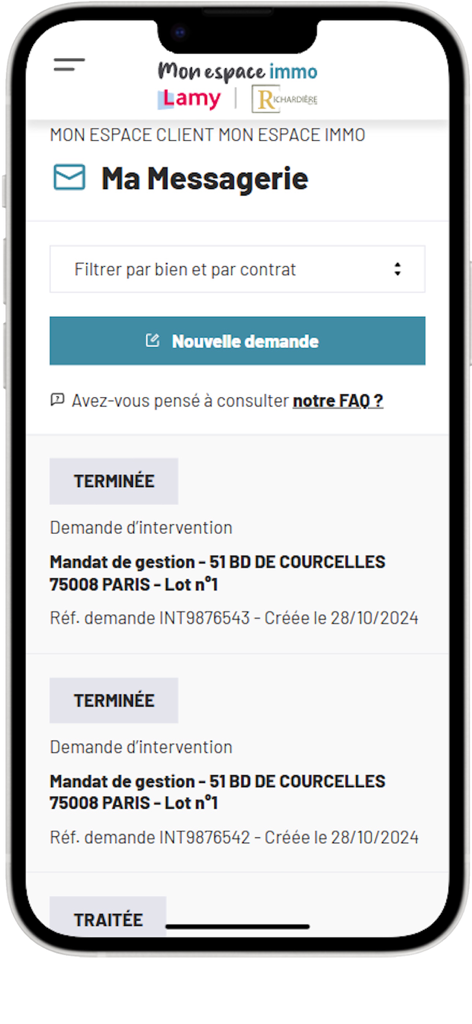 Mon espace immo particuliers - Interface de messagerie de l'application Mon espace immo affichant une liste de demandes de maintenance immobilière et les mises à jour de statut