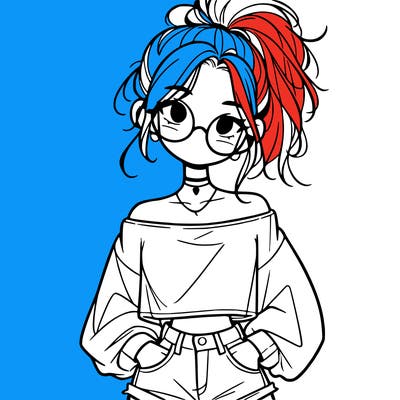 girl with a messy ponytail glasses a baggy crop top and jean shorts