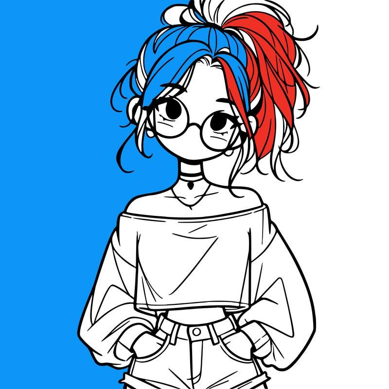 girl with a messy ponytail glasses a baggy crop top and jean shorts