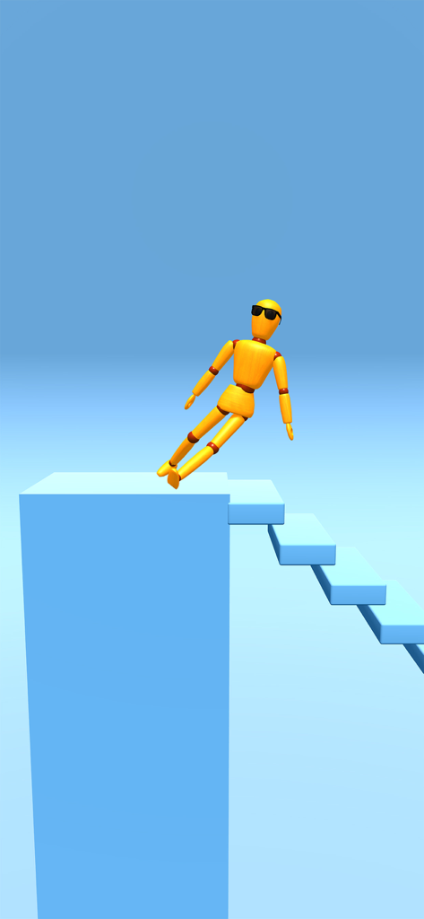 Un maniquí de madera con gafas de sol cayendo desde una alta plataforma azul sobre unas escaleras