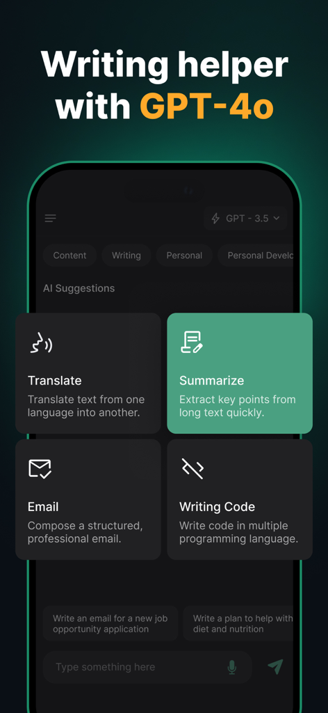Interface d'assistant d'écriture IA montrant des fonctionnalités de traduction, de résumé, de rédaction d'e-mails et de codage alimentées par GPT-4o