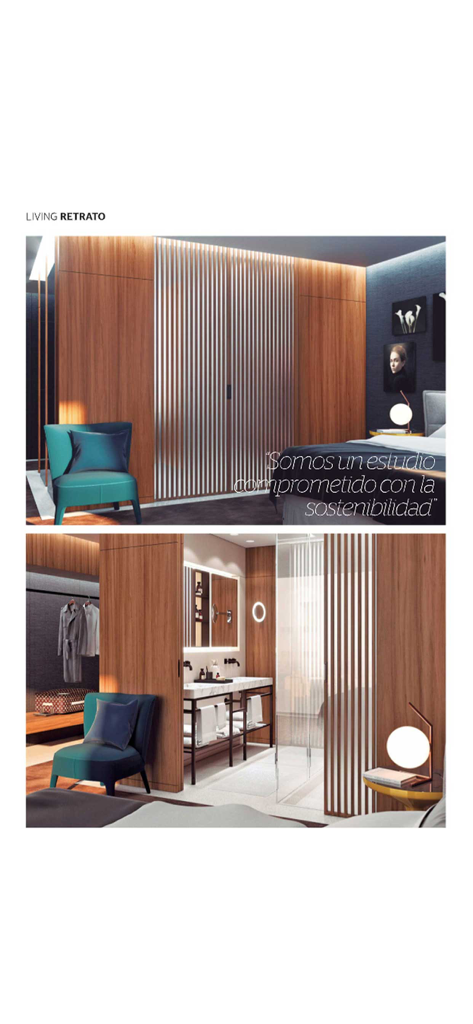 Diseño interior de dormitorio y baño modernos con paneles de madera y muebles de color verde azulado.