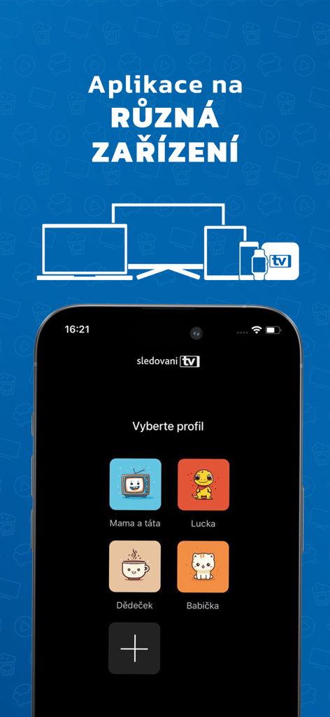 SledovaniTV - SledovaniTV app interface illustrating support for multiple devices and a profile selection screen with family members.