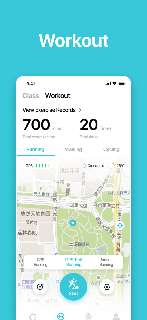 COLMI Fit - COLMI Fit app workout screen featuring a GPS map for running tracking and exercise statistics