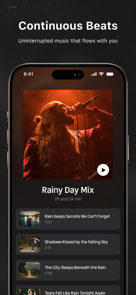 RYT Music Player app displaying a mood based playlist on an iPhone