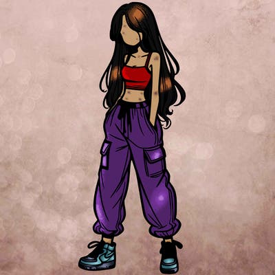 girl in baggy pants crop top and long hair