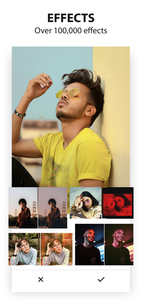 Interface do aplicativo Avatan exibindo vários filtros e efeitos de fotos.