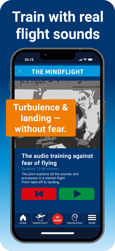 PassengerGuard: Fear of Flying - Interfaz de la aplicación PassengerGuard con entrenamiento de audio con sonidos reales de vuelo para turbulencias y aterrizaje