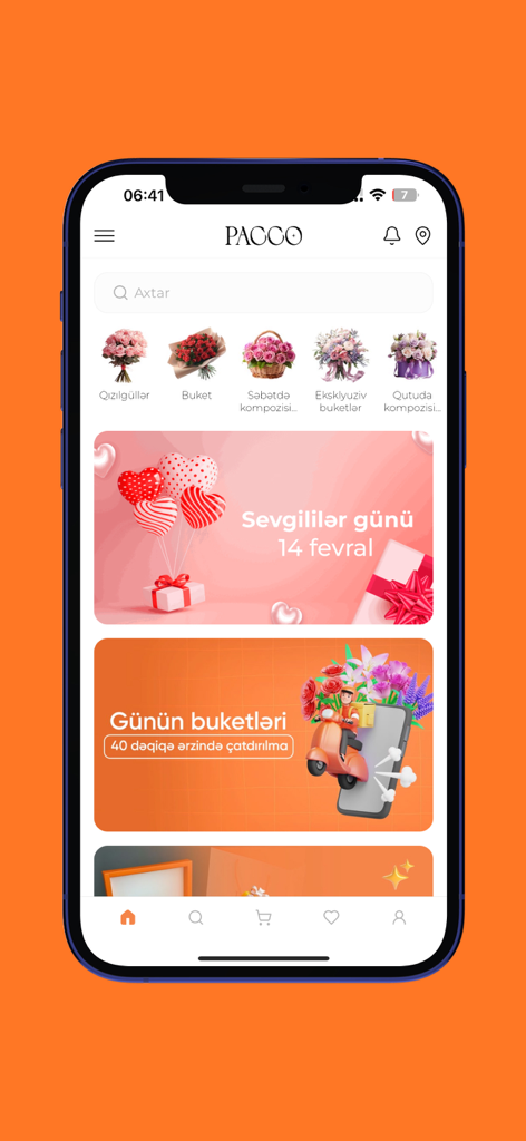 Pacco - Flowers & more - Pacco mobile app home screen showing flower categories and delivery options