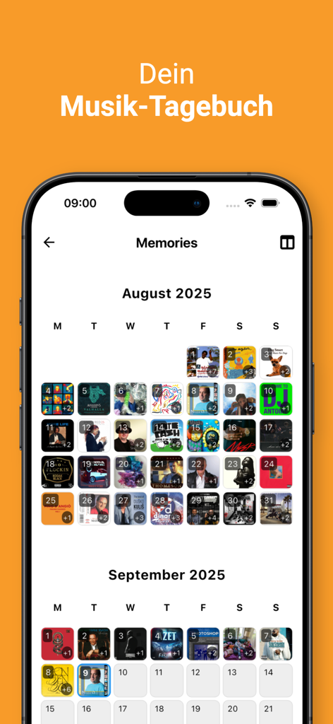 A mobile phone screen showing the Echo Music app memories section with a calendar view of daily music logs and album covers