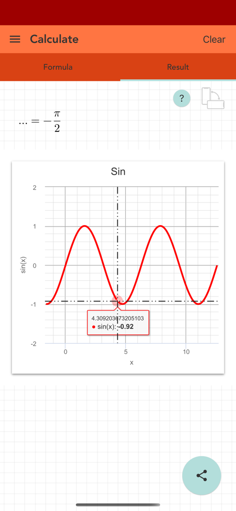 Sine Cosine Tangent PRO - Result screen showing a sine wave graph and mathematical calculations