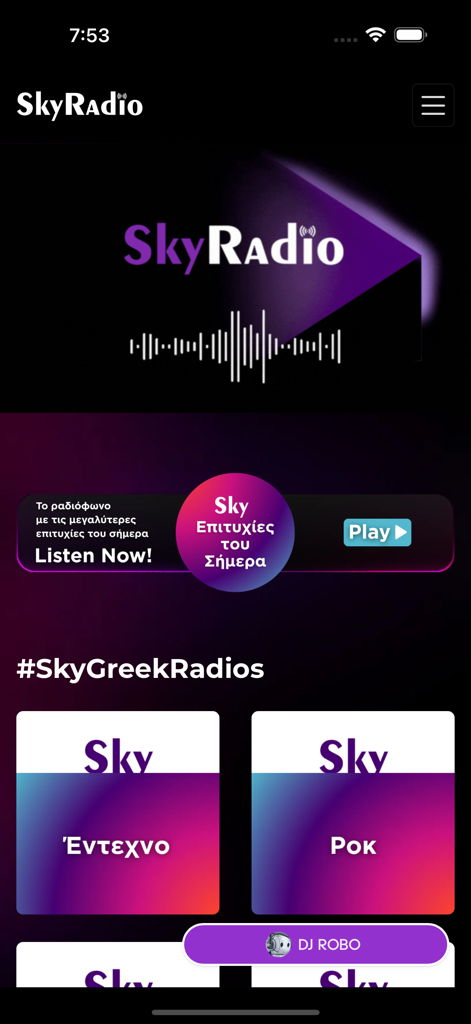 SkyRadioLive - SkyRadioLive mobile app home screen featuring Greek music radio stations and DJ Robo AI assistant