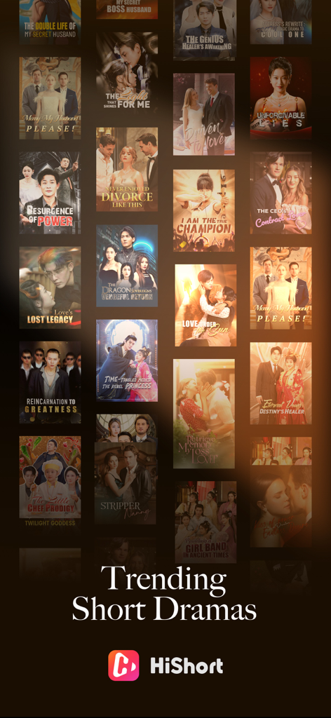 様々なジャンルのロマンスやアドベンチャーなどの人気ショートドラマのポスターが並ぶHiShortモバイルアプリのインターフェース。