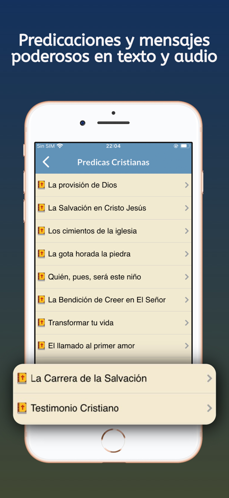 Biblia Kadosh en Español - Smartphone screen displaying a list of Christian preachings and sermons in Spanish from the Biblia Kadosh app.