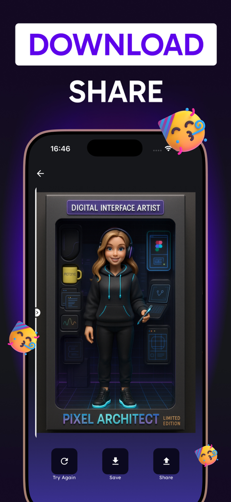 3D Cartoon Photo Editor-Toonme - Ein 3D-Cartoon-Mädchen-Avatar im Stil einer digitalen Künstlerin innerhalb eines Spielzeugkistenrahmens auf der Toonme-App-Oberfläche