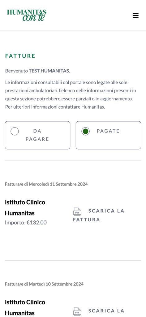 Humanitas Con Te - Invoices section of the Humanitas Con Te app showing a list of paid medical bills with options to download PDF documents.