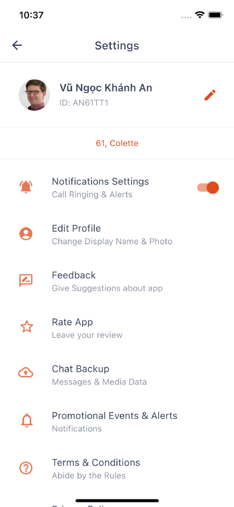 ChatEdu - Menu des paramètres utilisateur dans l'application ChatEdu incluant la modification du profil et les préférences de notification.