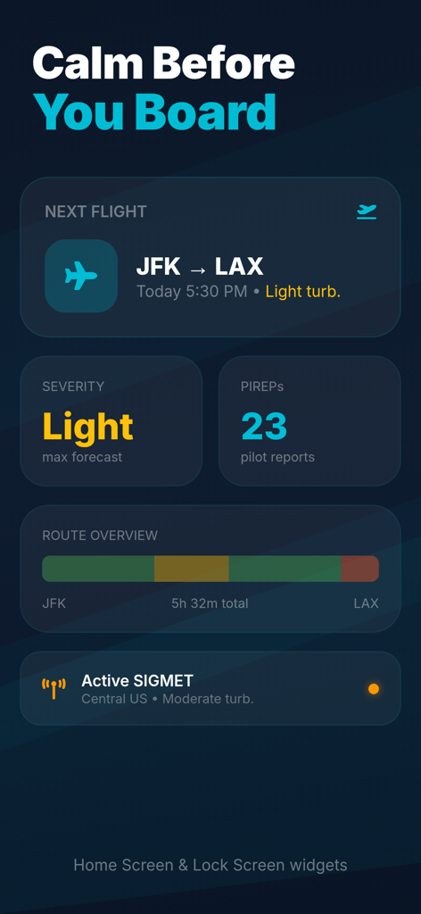 Una raccolta di widget della schermata home e della schermata di blocco dell'app Previsioni Turbolenze che mostrano dati di volo da JFK a LAX, inclusi i livelli di gravità e i rapporti dei piloti.