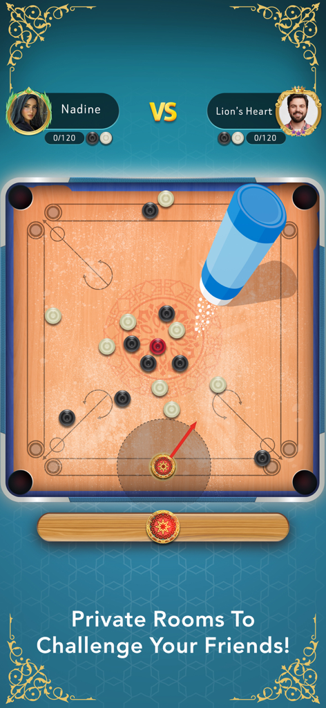Carrom | كيرم Online Pool Game - Jugabilidad de Carrom Online Pool Game mostrando una partida en una sala privada con la mecánica de polvos y avatares de jugadores.