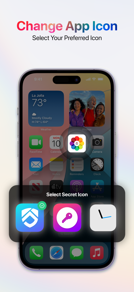 iVault: Hide Photos & Videos - Interface for selecting a secret app icon to disguise the iVault app on an iPhone home screen.