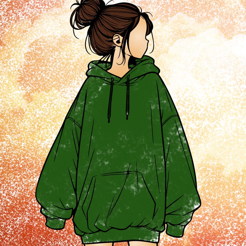 realistic girl with a oversized sweatshirt on and a bun