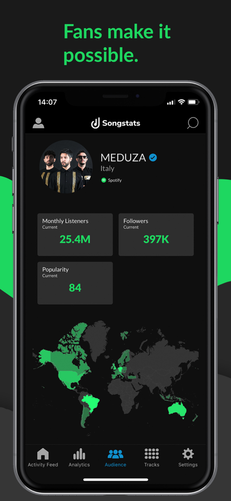 Songstats: Music Analytics - Dashboard di analisi del pubblico di Songstats per l'artista MEDUZA che mostra ascoltatori mensili e portata geografica su una mappa del mondo