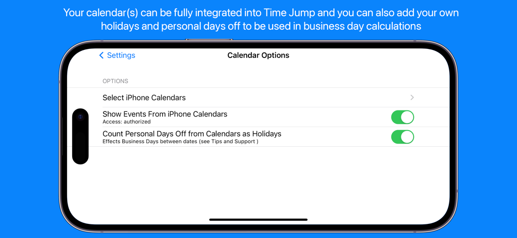 Time Jump - Date Calculator - Pantalla de configuración de la aplicación Time Jump para integración de calendario y cálculos de festivos personales