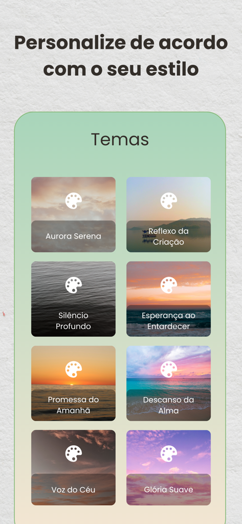 Biblia Diária - Tela mostrando vários temas de fundo de paisagem para personalização do aplicativo.