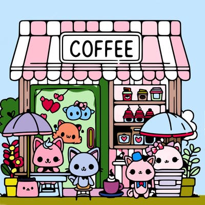 a cute coffee  shop with cute kawaii animals in it too