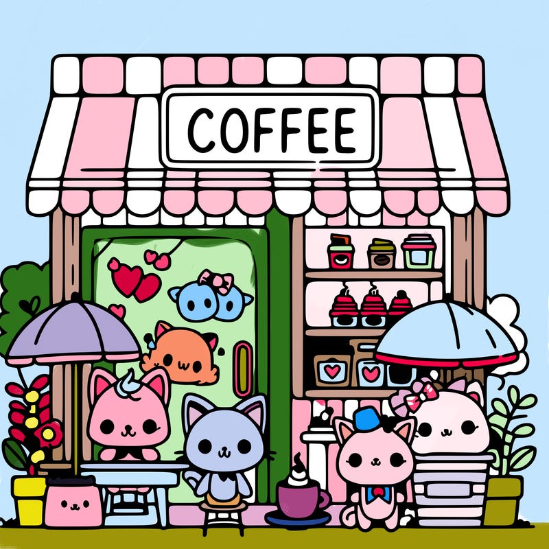 a cute coffee  shop with cute kawaii animals in it too