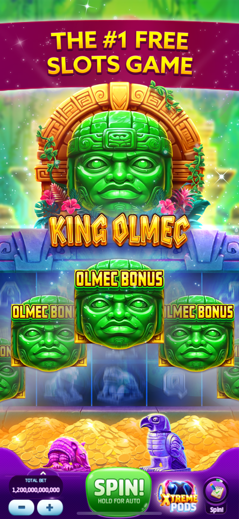 Slotomania™ Slots Machine Game - Uno screenshot della slot machine a tema King Olmec in Slotomania con teste di pietra verde e una funzione bonus.