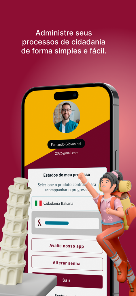 Cidadania4u - Cidadania4u app interface showing Italian citizenship application progress and user profile dashboard