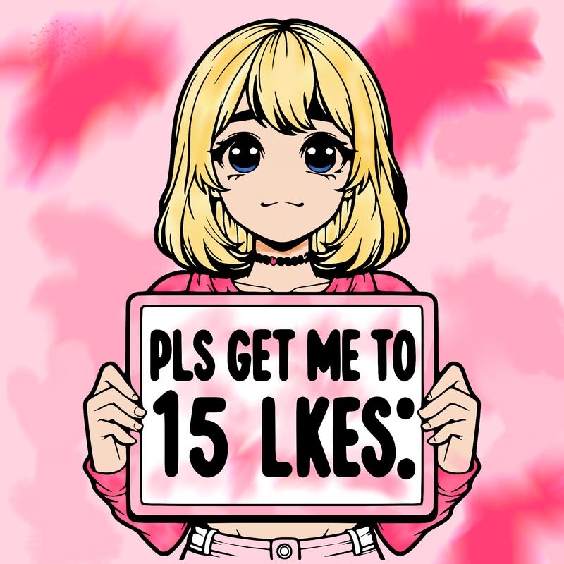 realistic girl holding up a sign that says “pls get me to 15 likes!”
