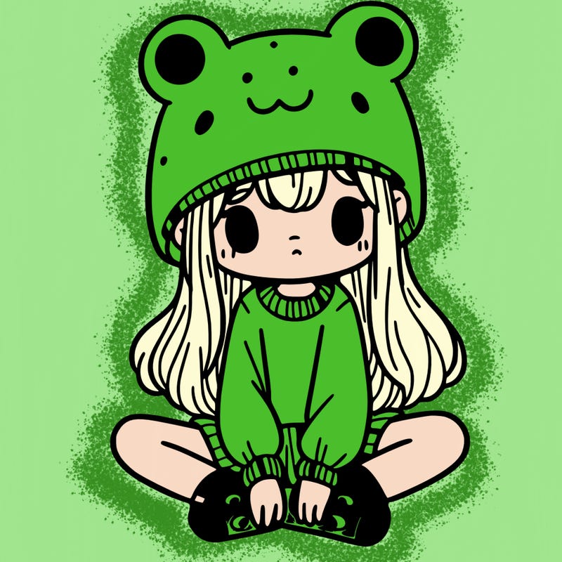 a girl wearing a frog hat and some frog socks