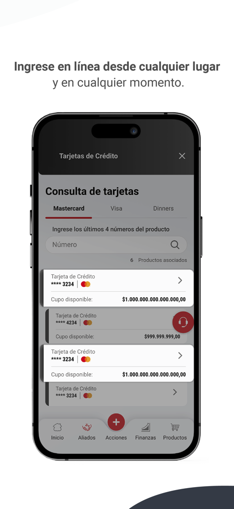 Schermata dell'app mobile Davivienda Movil Empresas che mostra i dettagli della carta di credito aziendale e i limiti di credito disponibili.
