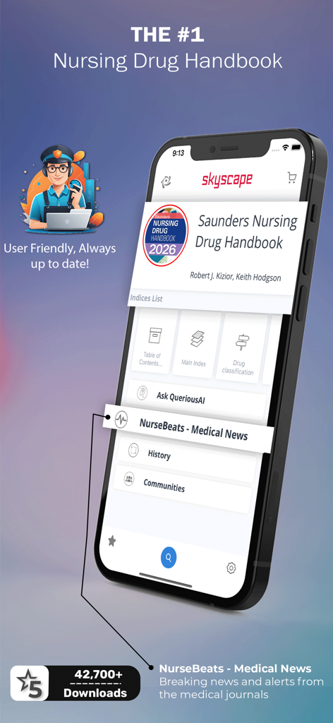 Saunders Nursing Drug Handbook - Saunders Nursing Drug Handbook mobile app interface showing the main menu with drug indices and medical news features.