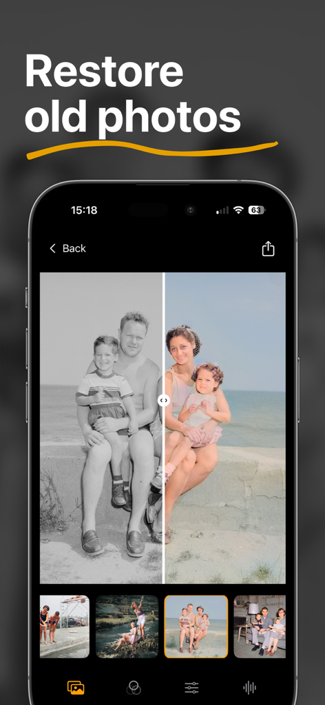 Colorize Old Photos: Pholorize - Smartphone screen displaying the Pholorize app colorizing a black and white family photo