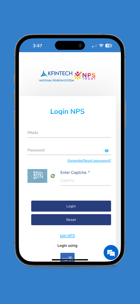 NPS by KFintech-CRA - Login screen of the NPS by KFintech-CRA app with fields for PRAN, password, and captcha.