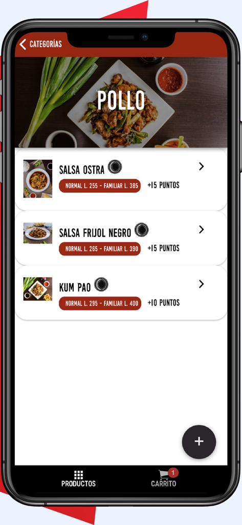 Mobile screen of the Mirawa app showing chicken menu items like Kung Pao with prices and loyalty points in Spanish.