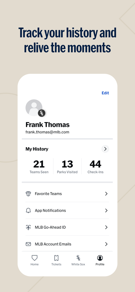 MLB Ballpark app profile screen displaying baseball game attendance history and statistics