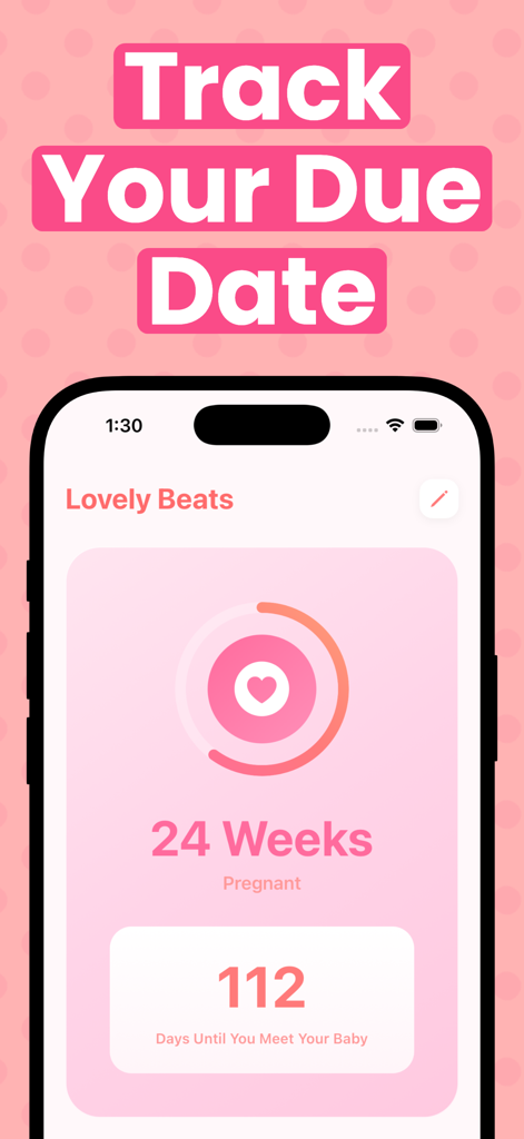 Pregnancy Tracker: LovelyBeats - LovelyBeats app interface showing pregnancy progress at 24 weeks and a countdown of days until the due date