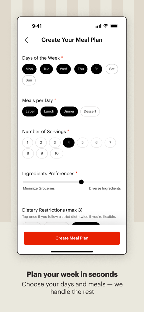 Interfaz de la aplicación Tastemade Cooking para crear un plan de comidas personalizado seleccionando días y porciones.
