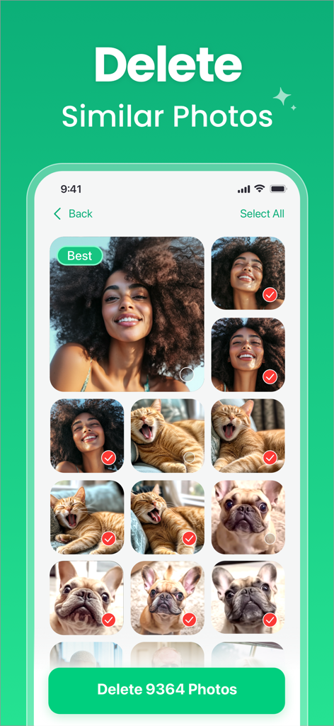 AI Phone Cleaner・Photo Swipe - Interface de um aplicativo móvel para excluir fotos semelhantes, mostrando uma grade de imagens duplicadas com uma marcada como a melhor.