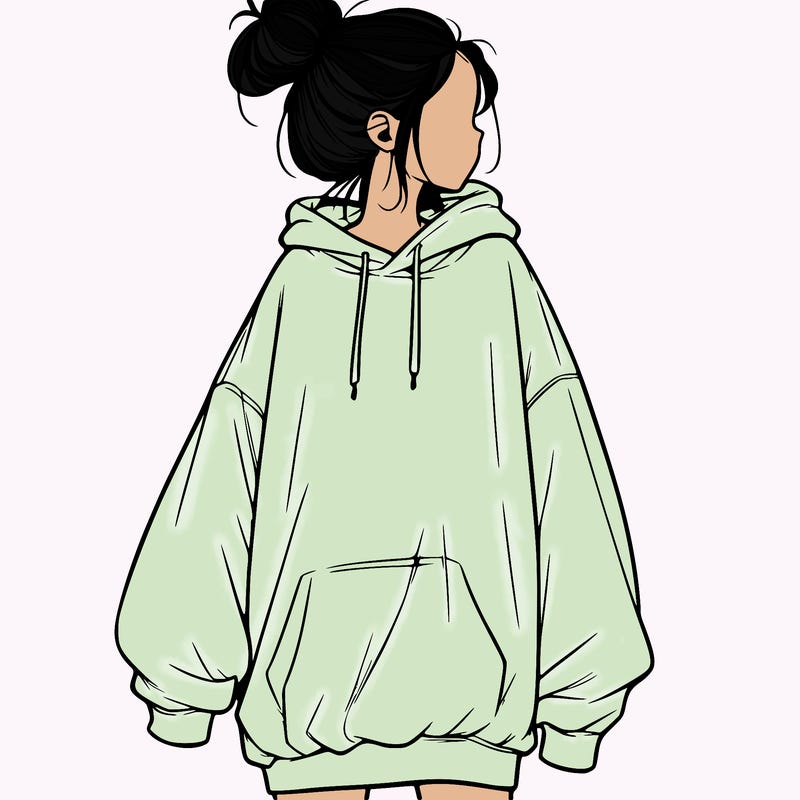 realistic girl with a oversized sweatshirt on and a bun