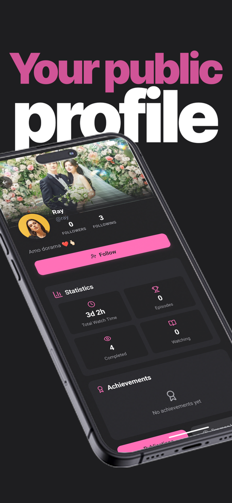 K-Drama Hub - Pantalla del perfil de usuario de K-Drama Hub que muestra estadísticas de tiempo de visualización y logros