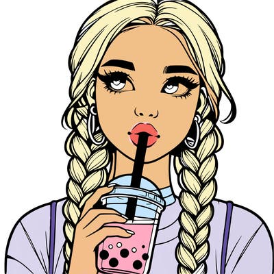 realistic girl with braided hair drinking boba